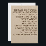 シンプル タイポグラフィー カジュアル ウェディング 招待状<br><div class="desc">誰もがすべての結婚式が伝統的でフォーマルである必要があると言ったわけではありませんが、招待状も同様です！ このデザインは、単純でシンプルなタイポグラフィーを楽しいスタイルで表現したもので、あなた自身の言葉に簡単にカスタマイズできます！  また、テキストの色やフォントスタイルを変更することもできます。 「さらにカスタマイズする」をクリックしてください。 サンプルには、素朴な雰囲気に合うと思ったクラフト紙オプションを選びましたが、もちろんあなた自身が選ぶことができます！</div>