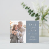 シンプル ダスティブルー 写真付き結婚式日程事前通知 案内ポストカード (スタンド正面)