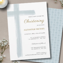シンプル ダスティブルー 十字架 男の子 洗礼 クリスチャン命名式 招待状