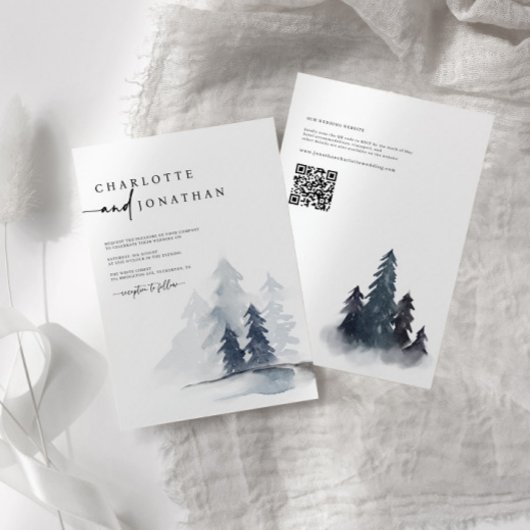 シンプル ダスティーブルー マウンテン QRコード ウェディング 招待状