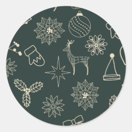 シンプル ダークセージグリーン かわいい クリスマスパターン ラウンドシール