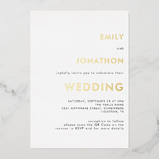 シンプル テキスト QR コード ウェディング ホワイト ゴールド リアル 箔招待状 (正面)