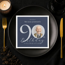 シンプル ネイビーブルー シルバー 写真 90歳の誕生日