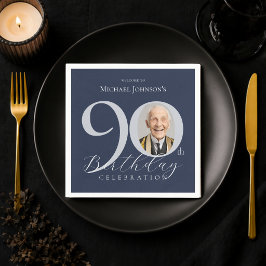 シンプル ネイビーブルー シルバー 写真 90歳の誕生日 スタンダードカクテルナプキン