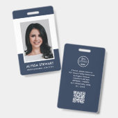 シンプル ネイビーブルー モダン 写真 従業員 スタッフ バッジ (正面＆裏面)