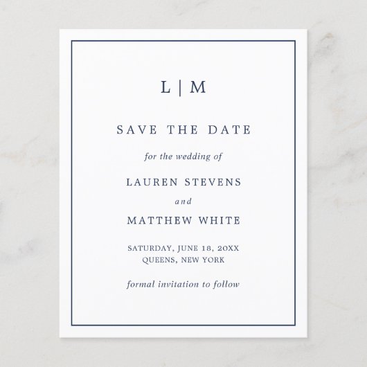 シンプル ネイビーブルー 予算 結婚式 Save the Date (正面)