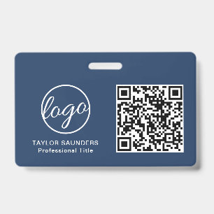 シンプル ネイビーブルー QR コード 従業員 ID バッジ