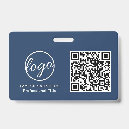シンプル ネイビーブルー QR コード 従業員 ID バッジ (正面)