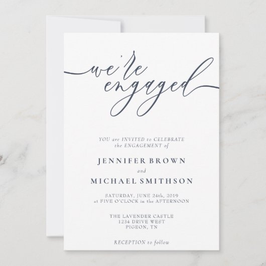 シンプル ネイビー モダンエンゲージメント 招待状 (正面)