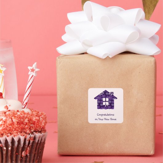 シンプル パープル ブラッシュ おめでとう！新しいお家 スクエアシール (パーティー)