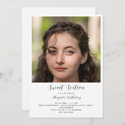 シンプル フォト スイート シックスティーン 誕生日パーティー 招待状 (正面/裏面)