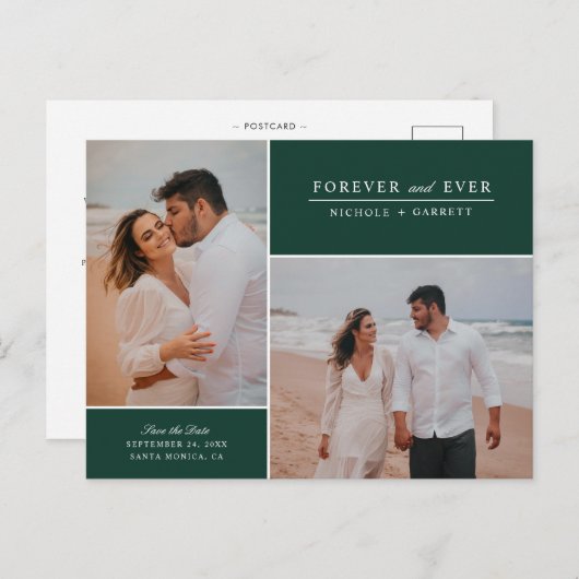シンプル·フォーエバー2枚の写真が日付を救う|緑 案内ポストカード (正面/裏面)