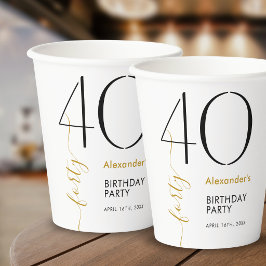 シンプル ブラック&ホワイト ゴールド 40歳の誕生日 紙コップ