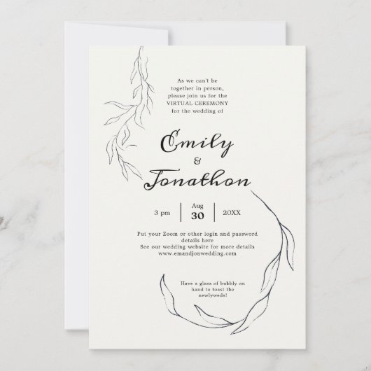 シンプル ブラック リーフ スクリプト バーチャル ウェディング 招待状 (正面)