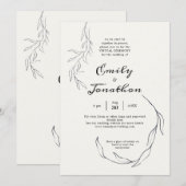 シンプル ブラック リーフ スクリプト バーチャル ウェディング 招待状 (正面/裏面)