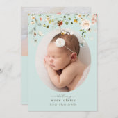 シンプル・ブルーミント・ワイルドフラワーズの誕生発表 招待状 (正面/裏面)
