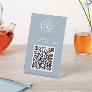 シンプル ブルー カスタム ビジネス ロゴ QR コード メニュー 台座サイン