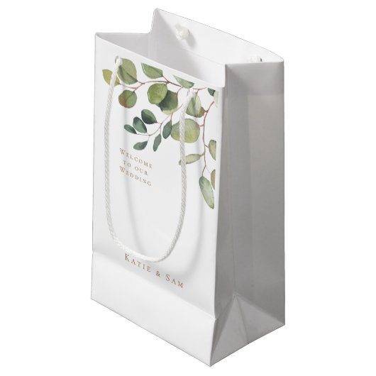 シンプル ボタニカル ゴールド テキスト ホワイト ウェディング ウェルカム スモールペーパーバッグ (正面アングル)