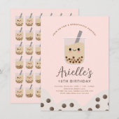 シンプル ボバ バブル ミルク ティー ピンク 誕生日 招待状 (正面/裏面)