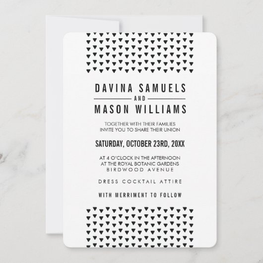 シンプル ボーホー ウェディング 現代の三角形のパターン 黒 招待状 (正面)