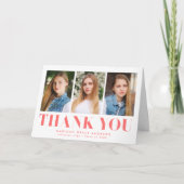 シンプル ボールド コーラル 3 フォト 卒業 サンキューカード (正面)