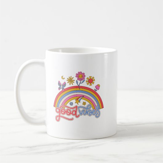 シンプル ポジティビティ 遊び心 レトロ 虹 花 コーヒーマグカップ (左)