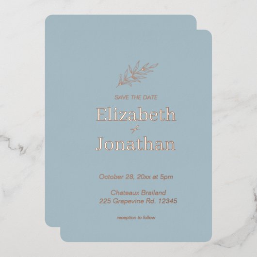 シンプル ミニマリストの葉のウェディング セーブ・ザ・デート 箔招待状 (正面/裏面)