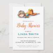 シンプル ミニマリスト オレンジ ベビー スリーピング パーティー 招待状 (正面)