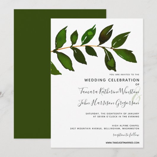 シンプル ミニマリスト グリー ネイチャー エレガント ウェディング 招待状 (正面/裏面)