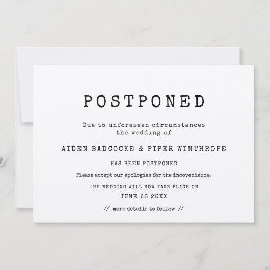 シンプル ミニマリスト タイプライター 延期された結婚式 招待状 (正面)