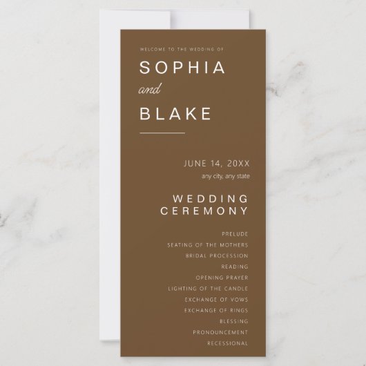 シンプル・ミニマリスト ダークブラウン結婚式プログラム (正面)
