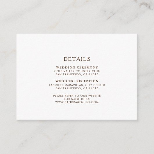 シンプル ミニマリスト ブラウン ウェディング 詳細 エンクロージャーカード (正面)