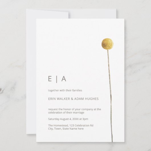 シンプル ミニマリスト 水彩 フラワーステム イエロー 招待状 (正面)