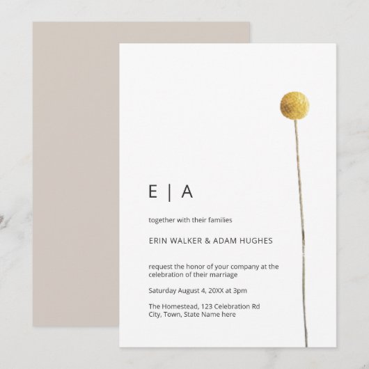 シンプル ミニマリスト 水彩 フローラル ステム イエロー 招待状 (正面/裏面)
