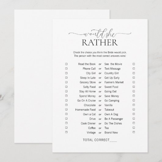 シンプル ミニマル どっちがいい？ ブライダルシャワー ゲーム 招待状 (正面/裏面)