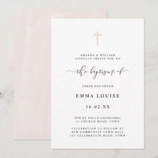シンプル ミニマル エレガント 水彩 十字架 洗礼 招待状 (正面/裏面)