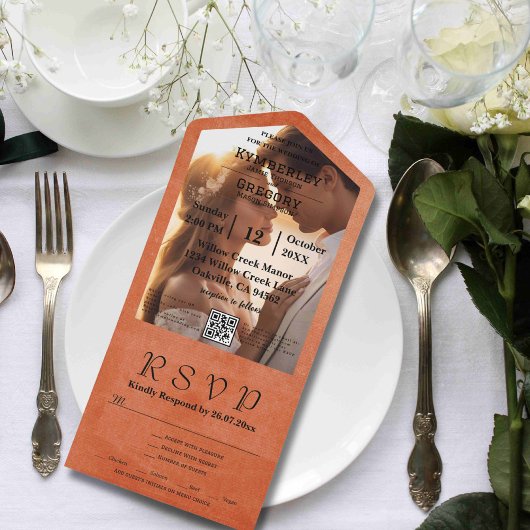 シンプル ミニマル オレンジ ブラック フォト QR コード オールインワン招待状