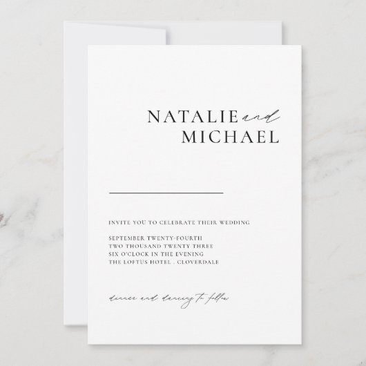 シンプル ミニマル カリグラフィー オールインワン ウェディング 招待状 (正面)