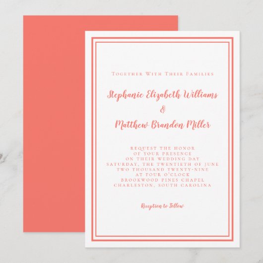 シンプル ミニマル コーラル&ホワイト シックウェディング 招待状 (正面/裏面)