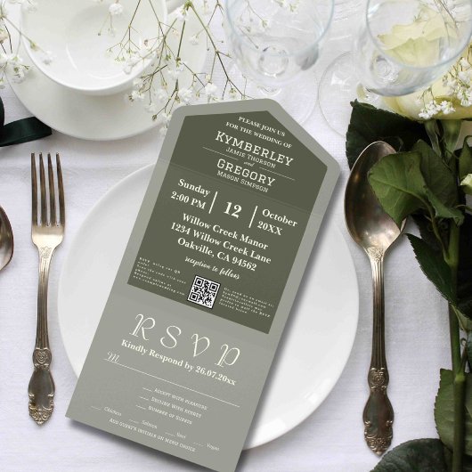 シンプル ミニマル サイズ オリーブグリーン アイボリー QRコード オールインワン招待状