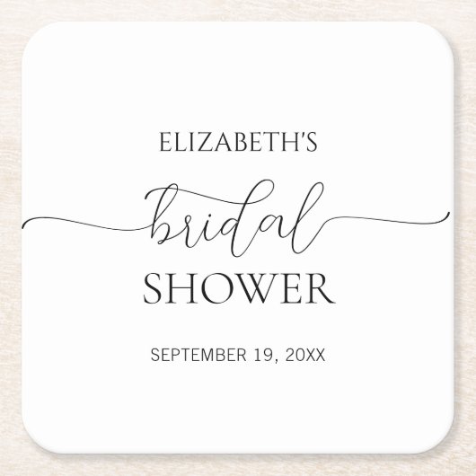 シンプル ミニマル スクリプト ブラック＆ホワイト ブライダル シャワー スクエアペーパーコースター (正面)
