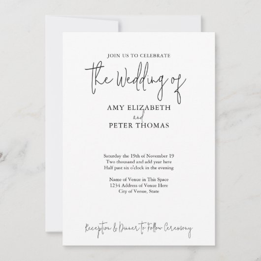 シンプル　ミニマル　スクリプト - QRコード - モノクロ　ウェディング 招待状 (正面)