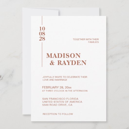 シンプル ミニマル テラコッタ ボールド スクリプト ウェディング 招待状 (正面)