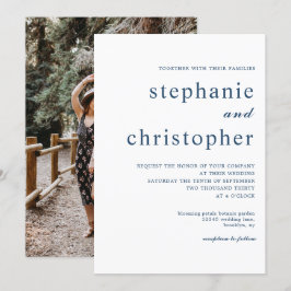 シンプル ミニマル モダン ブルー スクリプト フォト ウェディング 招待状