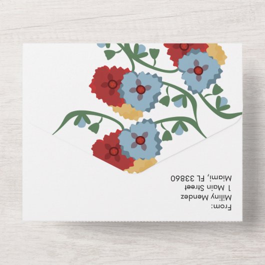 シンプル メキシカン フローラル フォーク ボタニカル ボダ オールインワン招待状 (裏面)