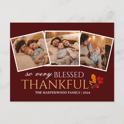 シンプル モダンな感謝祭の家族写真コラージュ シーズンポストカード (正面)
