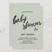 シンプル、モダンな手書きのセージグリーンのベビーシャワー 招待状 (正面/裏面)
