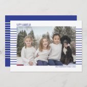 シンプル&モダンな青と白のストライプのハヌカカード シーズンカード (正面/裏面)