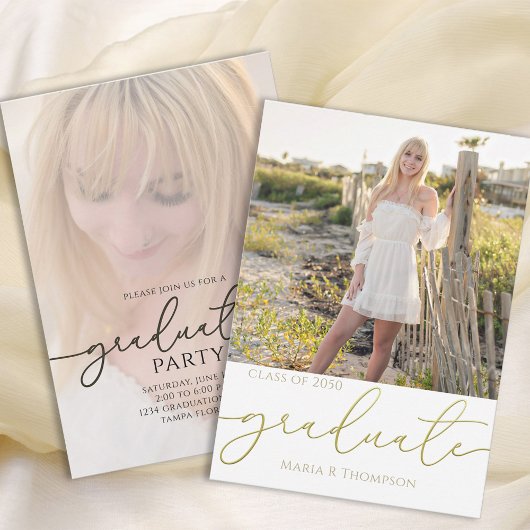 シンプル モダン おしゃれ ゴールド タイポグラフィー 卒業 招待状