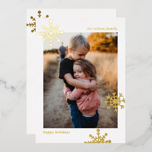 シンプル モダン かわいい 雪の結晶 フォト 箔シーズンカード (正面/裏面)